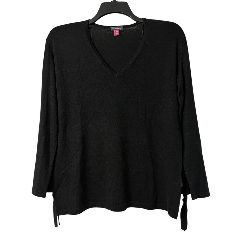 NWT Vince Camuto Womens Long Lace Sleeve Pullover V Neck Black Sweater Size PM - Picture 1 of 12